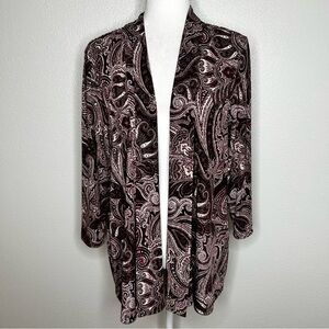 Chicos Easywear Womens Burgundy Tan Paisley Open Front Jersey Cardigan Size 2/ L